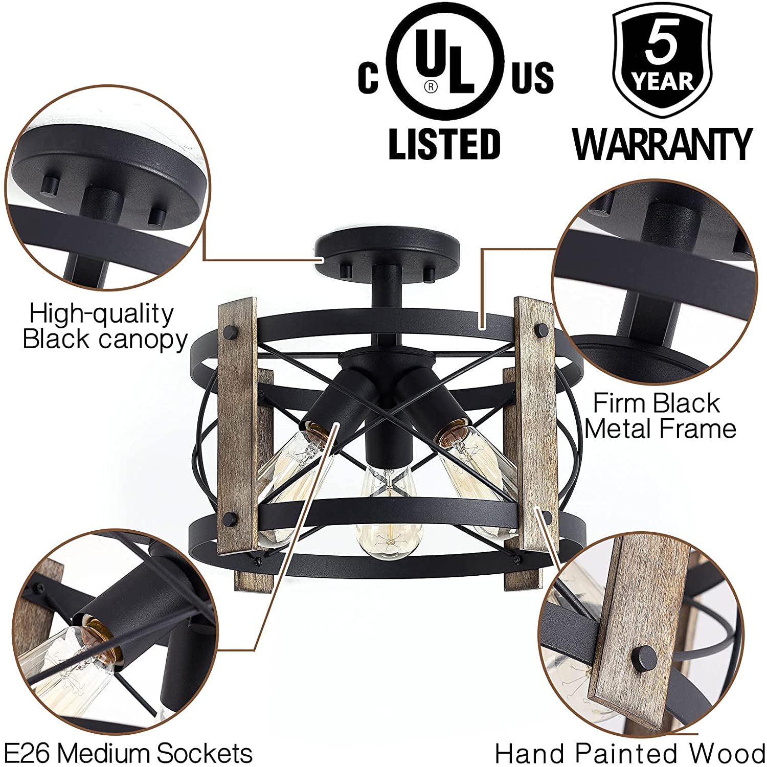 3 light farmhouse rustic ceiling light fixture with matte black finish