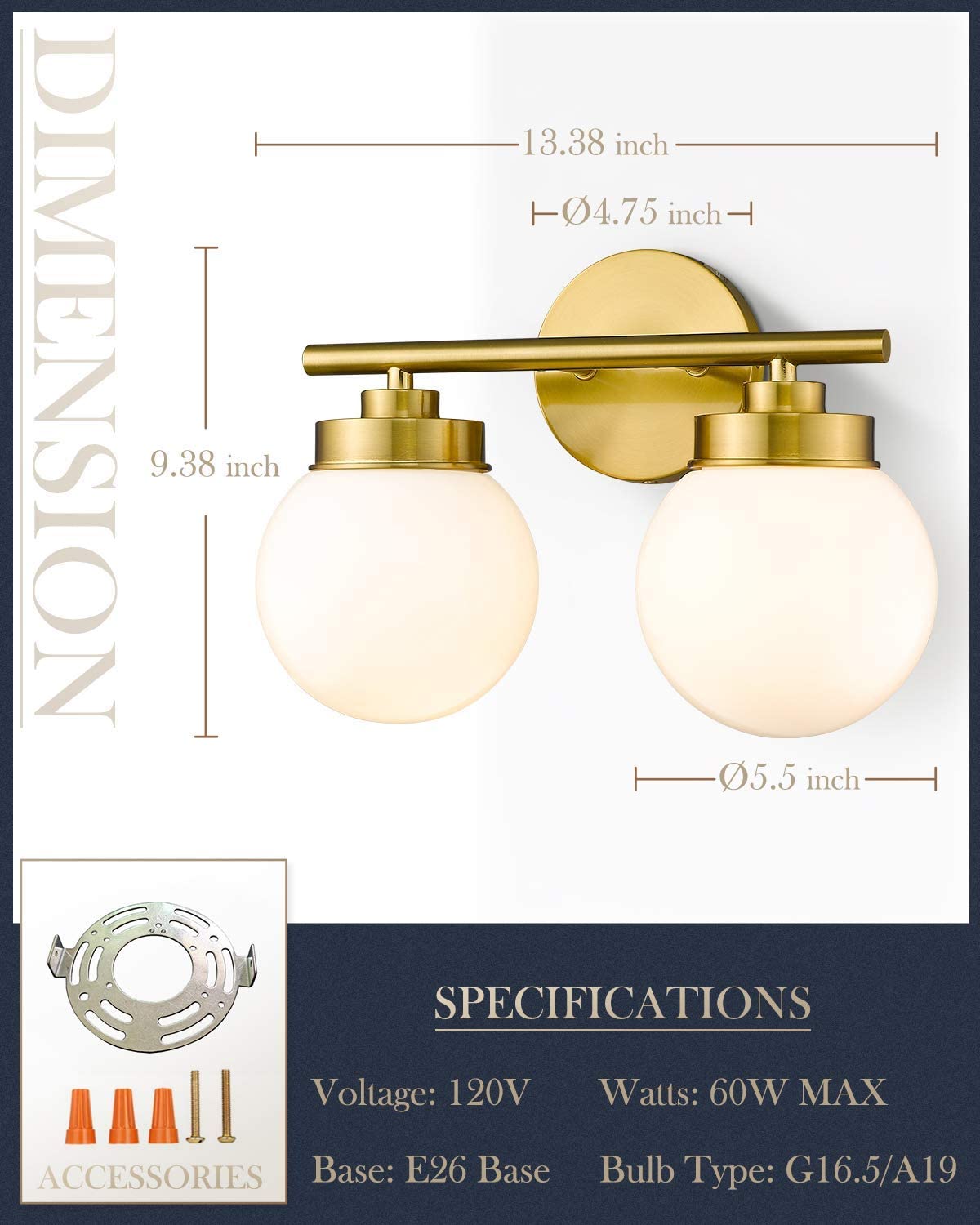 2 light globe wall sconce gold bathroom vanity wall light fixture