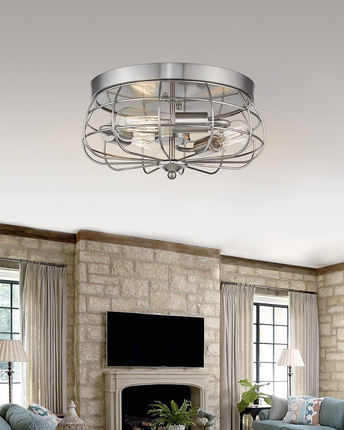 3 light flush mount ceiling light cage ceiling light with nickel finish