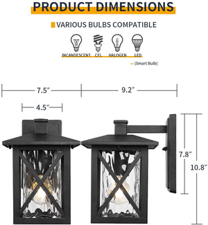Black outdoor wall sconce exterior wall mount porch wall lighting fixture with ripple glass shade