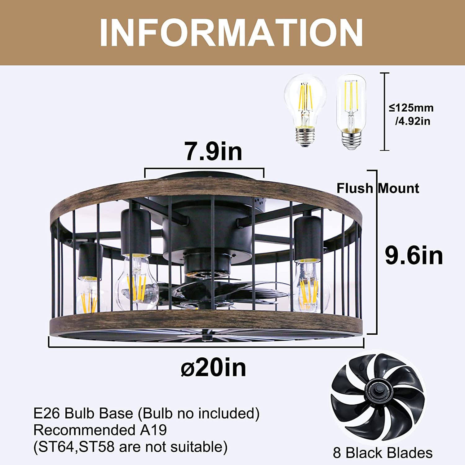 Farmhouse cage ceiling fan with light rust wood ceiling fan lamp with remote control