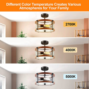 2-Light Rustic Wood Ceiling Light Fixture glass semi flush mount ceiling light