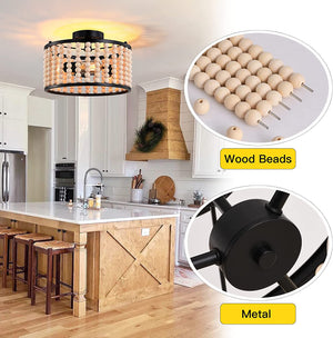 3 light wood beads ceiling light fixture farmhouse boho black ceiling lamp