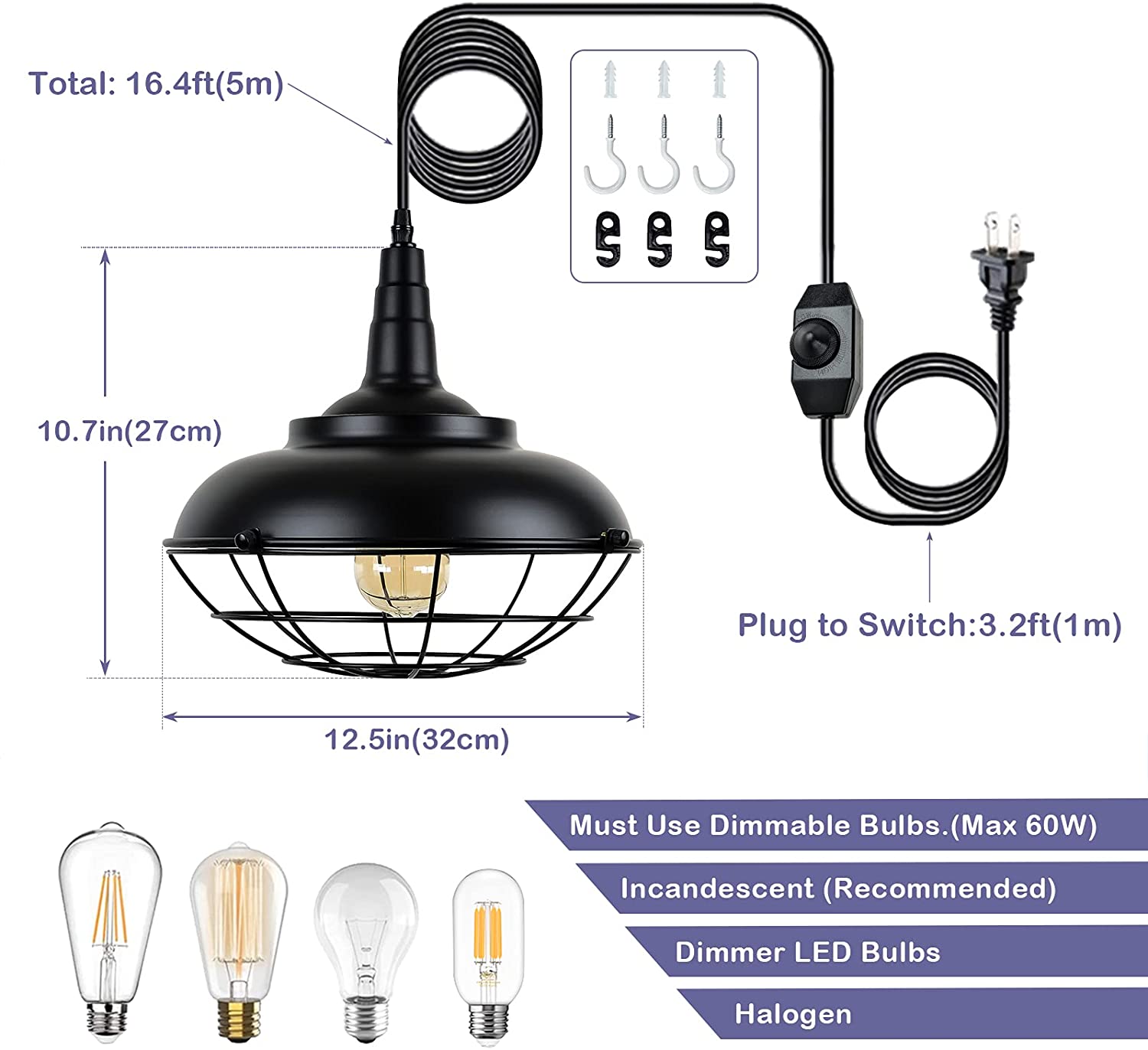 Black plug in pendant light fixture Industrial cage hanging lamp