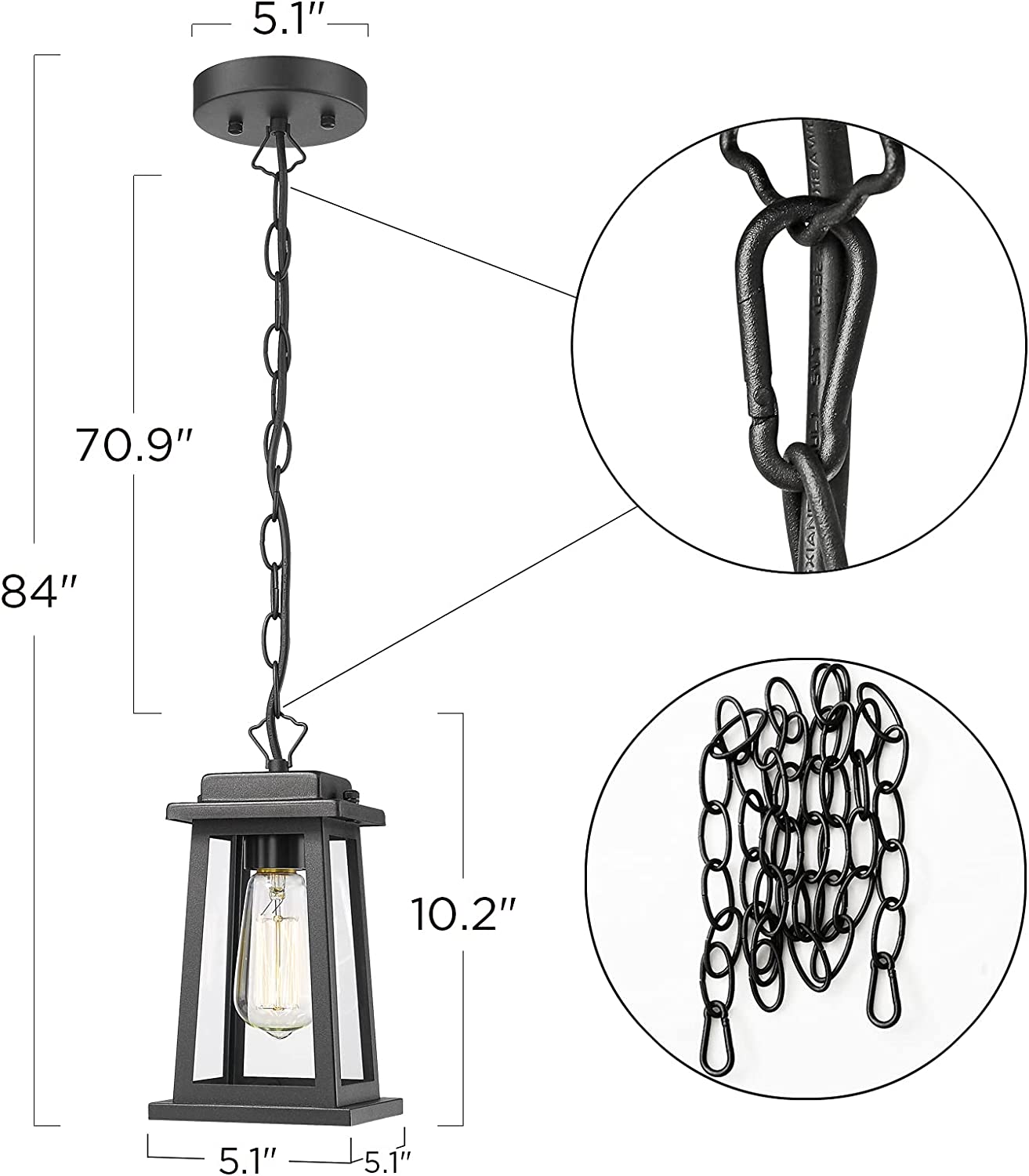 Outdoor hanging lantern black exterior pendant lamp with glass shade