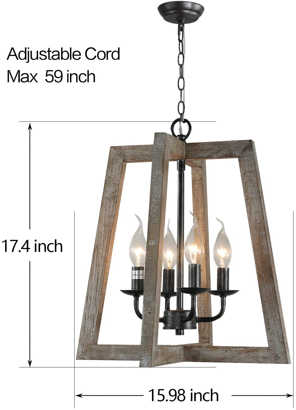 4 light candle chandelier rustic pendant lighting with antique wood frame finish