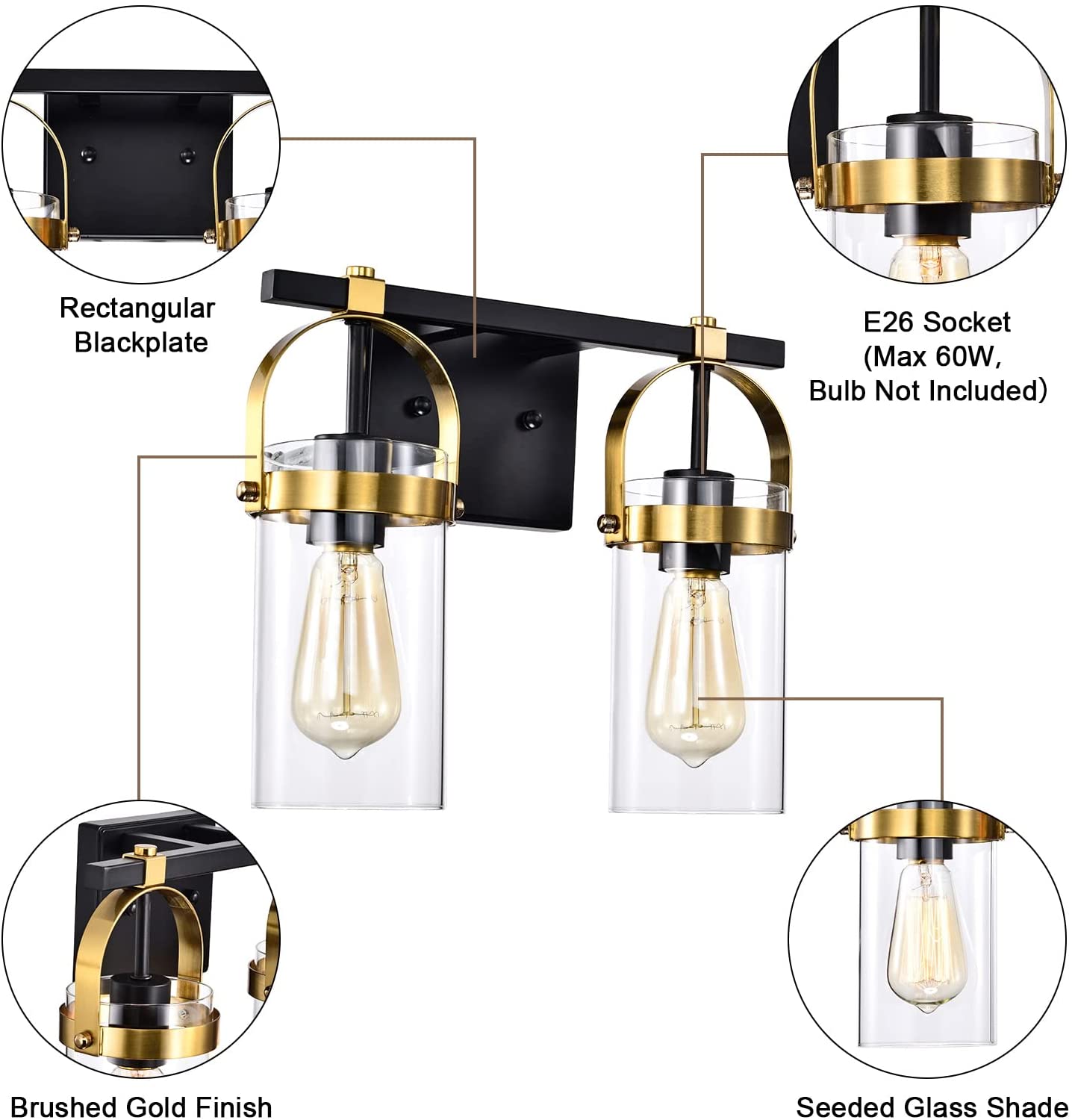 2-Light vintage vanity wall sconce black and gold wall lamp with glass shade