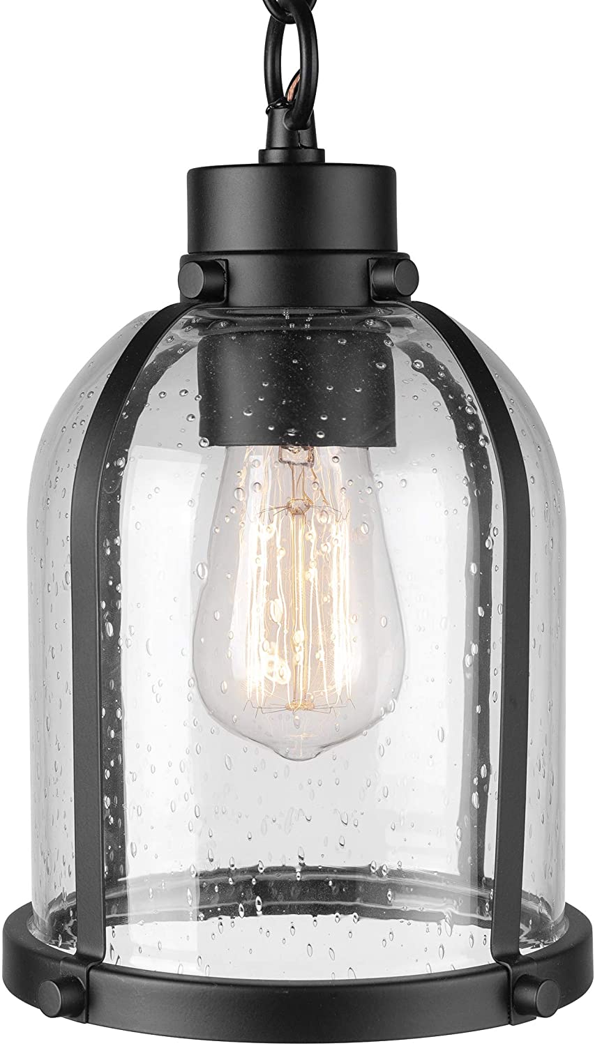 Contemporary Black Outdoor Pendant Light with Clear Seeded Glass Shade