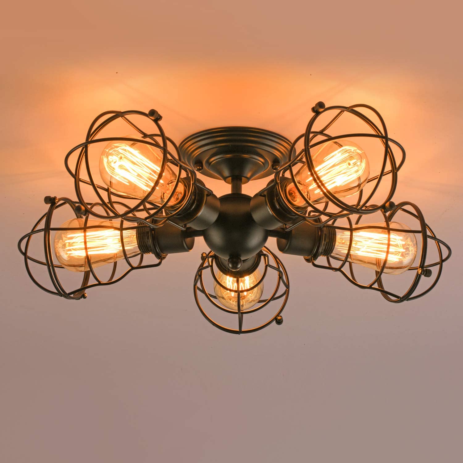 5 light rustic semi flush mount ceiling light industrial wire cage ceiling lamp