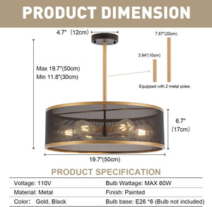 6 light semi flush mount chandelier black gold industrial mesh drum pendant light fixture