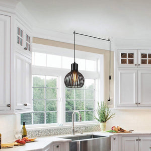 Black wire cage plug in pendant light with On/Off Switch