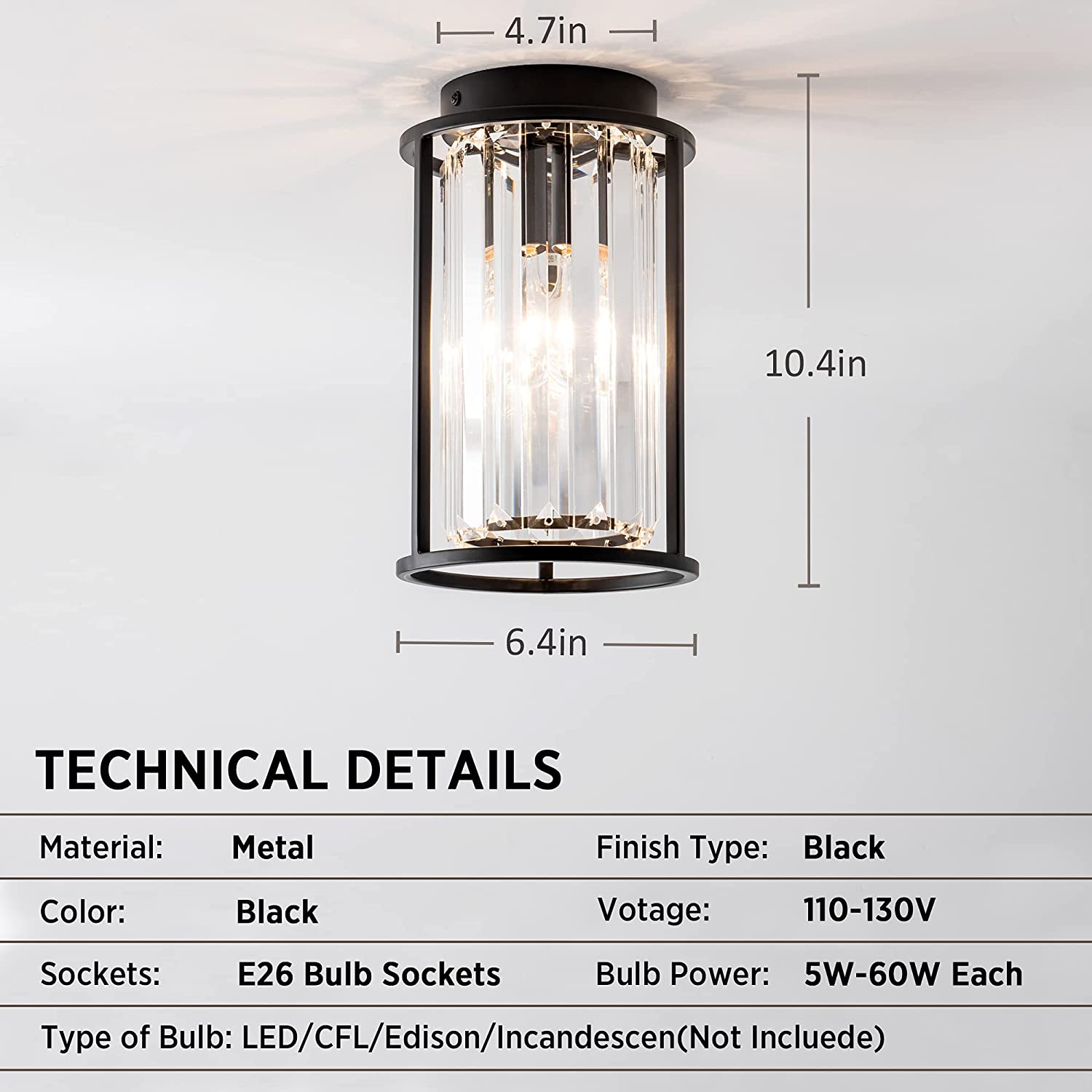 Black close to ceiling light fixtures crystal ceiling lamp