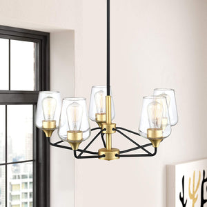 5 light modern glass chandelier industrial ceiling hanging pendant light fixture with black and gold finish