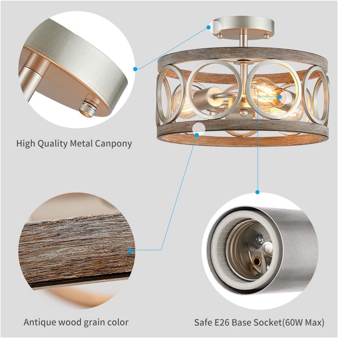 3 light semi flush mount ceiling lighting fixture antique wood grain drum lamp
