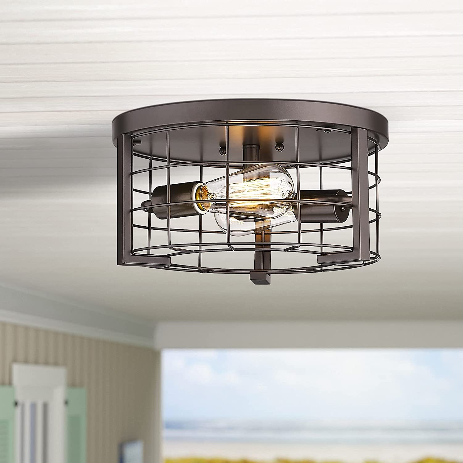 2 light cage flush mount close to ceiling lights fixture industrial ceiling lamp with bronze finish