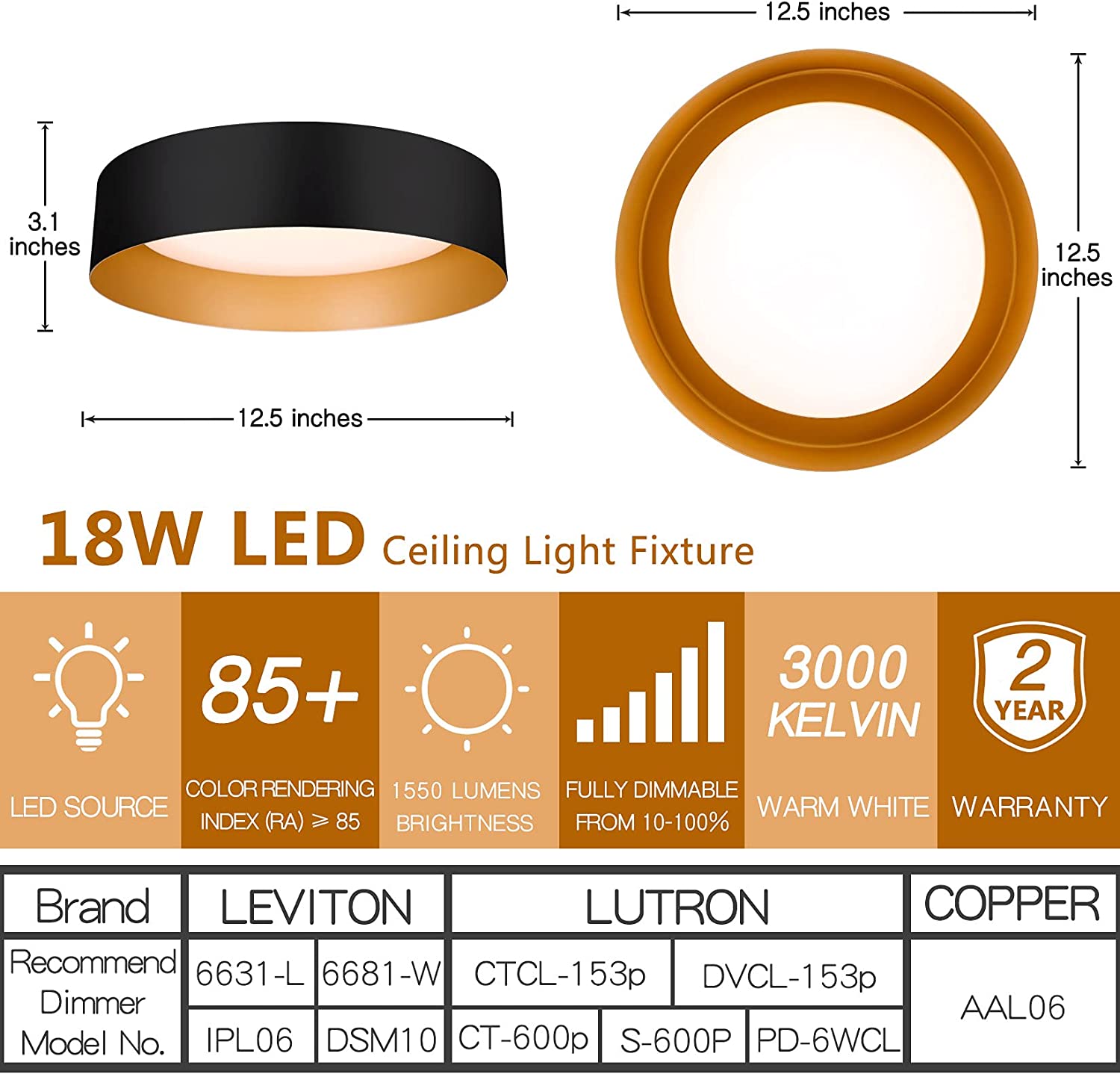 Matte black flush mount light LED ceiling light fixture with gold inside finish