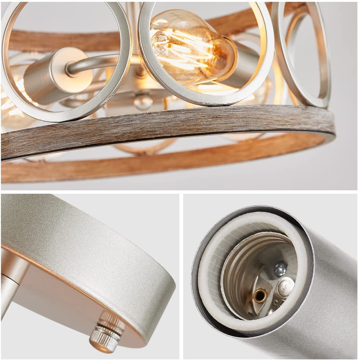 3 light semi flush mount ceiling lighting fixture antique wood grain drum lamp