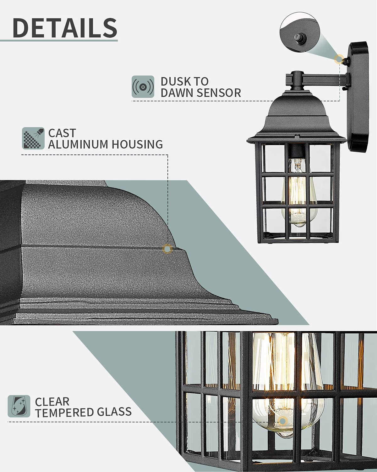 Black porch wall lights dusk to dawn exterior wall mount light fixture with glass shade