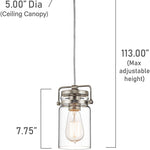 Jar glass pendant light fixture with nickel brush