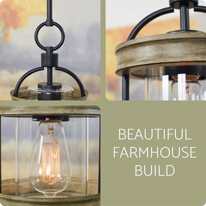 Farmhouse pendant light cylinder glass hanging light with black and wood finish