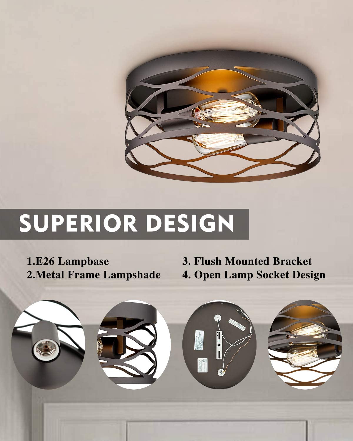 2 light farmhouse flush mount ceiling light fixture black cage ceiling lamp