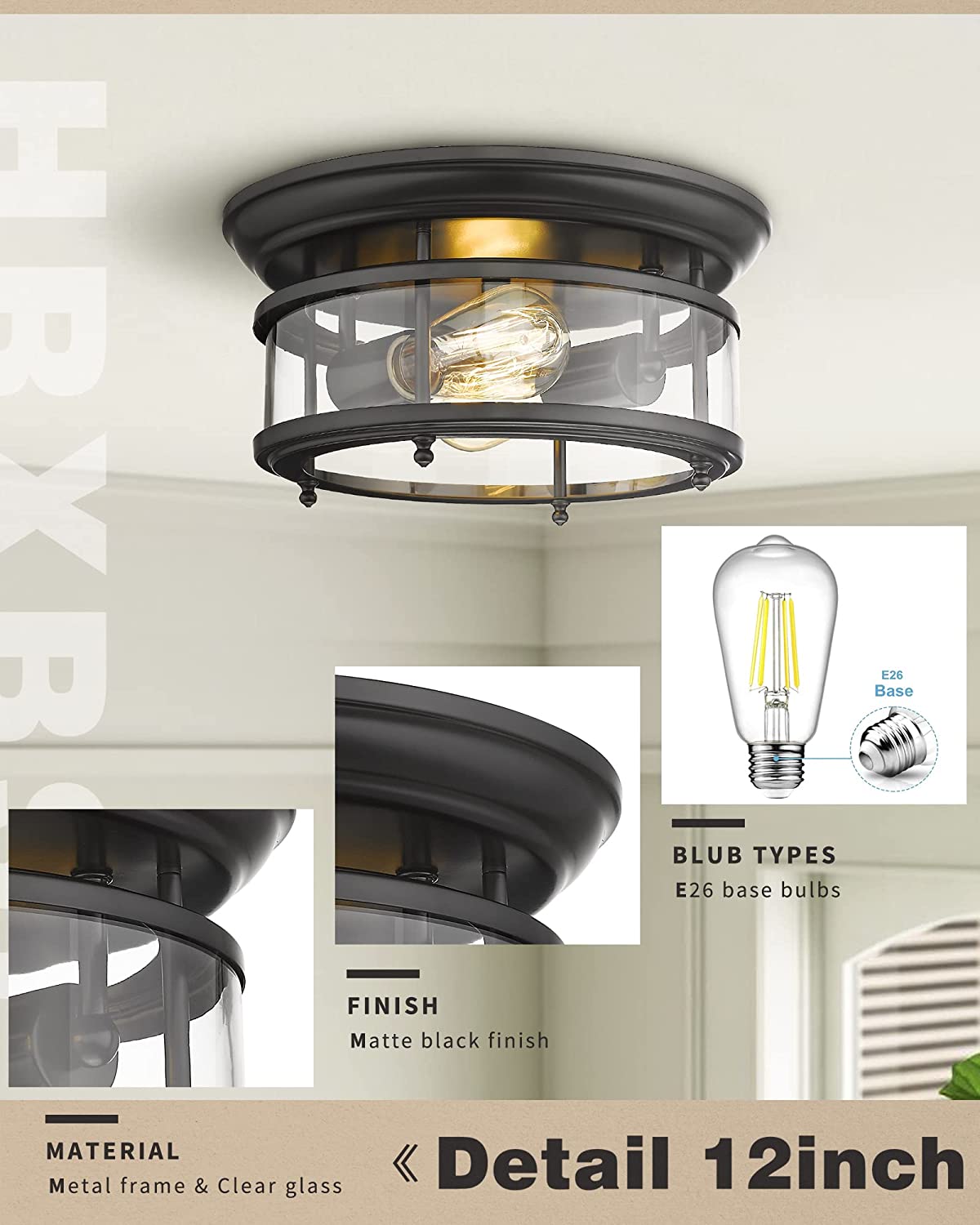 Industrial ceiling light fixture 2 light black glass flush mount ceiling lamp