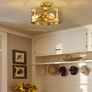 3 light modern semi flush mount ceiling light fixture round cage close to ceiling lamp with brass finish