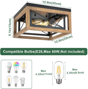 2 light square flush mount ceiling light fixture industrial black cage wood ceiling lamp