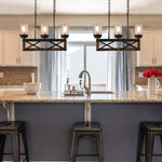 4 light wood black chandelier with clear glass shade