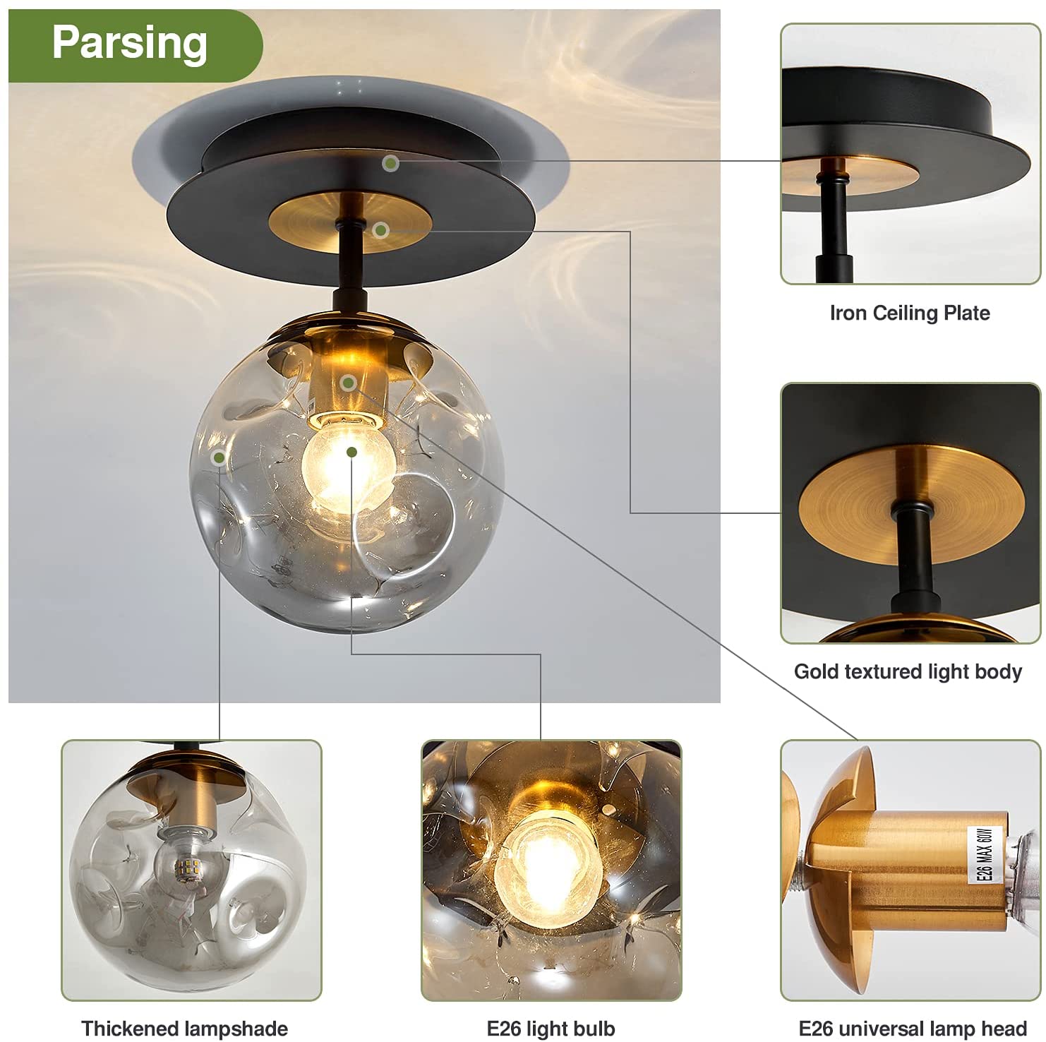 Mini globe glass ceiling light industrial balck semi flush mount ceiling light fixture