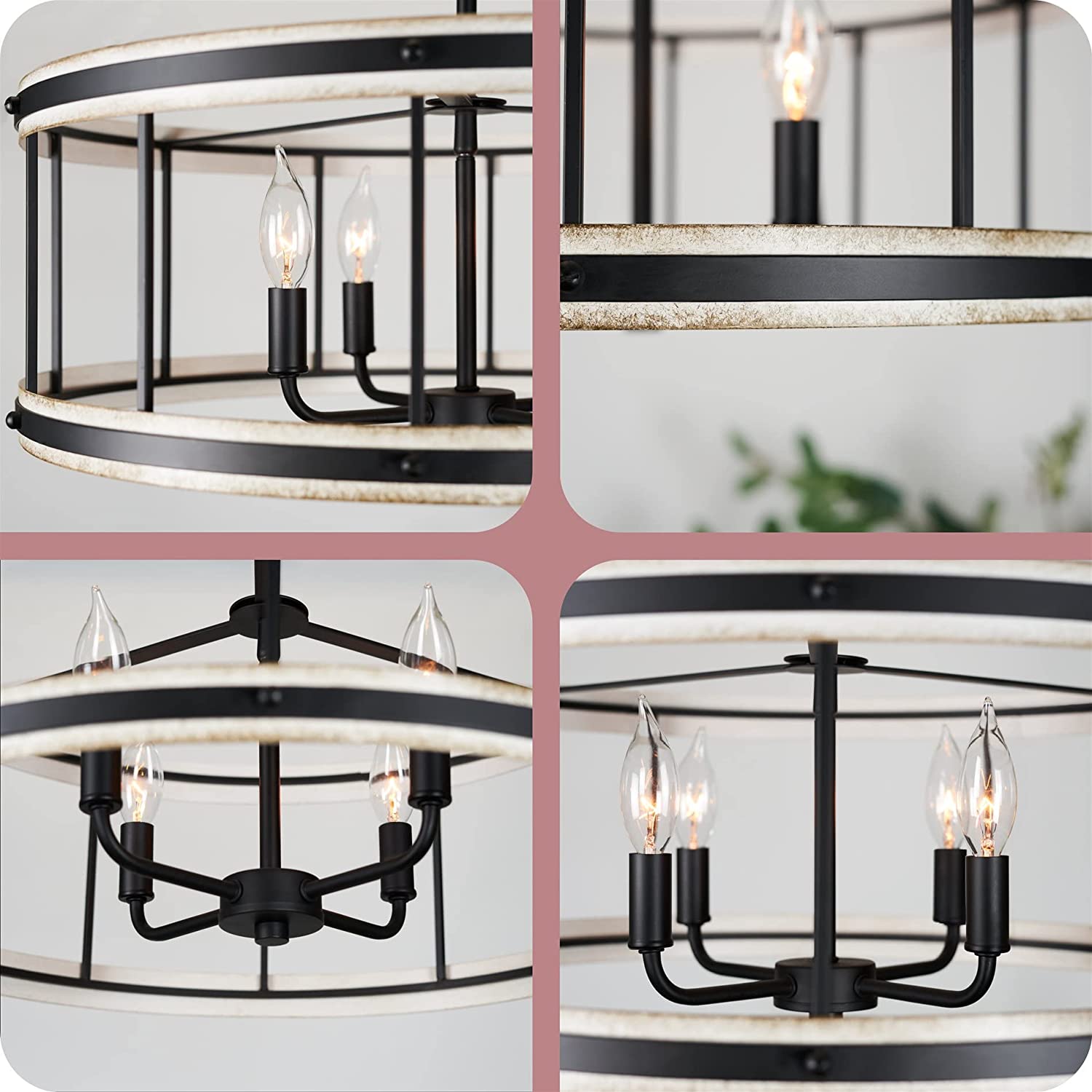 4 light farmhouse chandelier drum pendant light fixture with white wood style and black finish