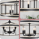 4 light farmhouse chandelier drum pendant light fixture with white wood style and black finish