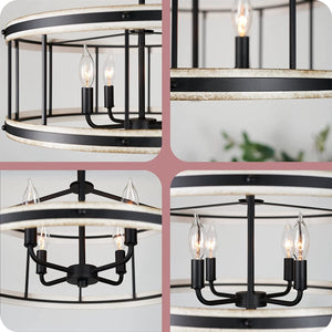4 light farmhouse chandelier drum pendant light fixture with white wood style and black finish