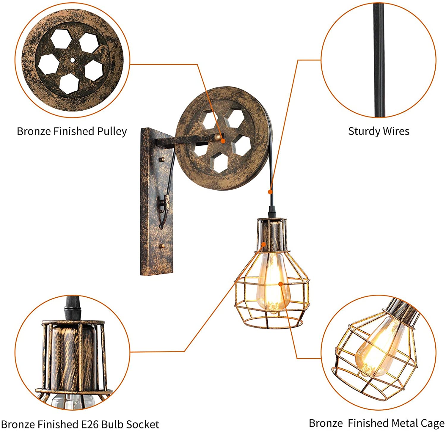 Pulley cable wall light adjustable industrial cage wall sconce light