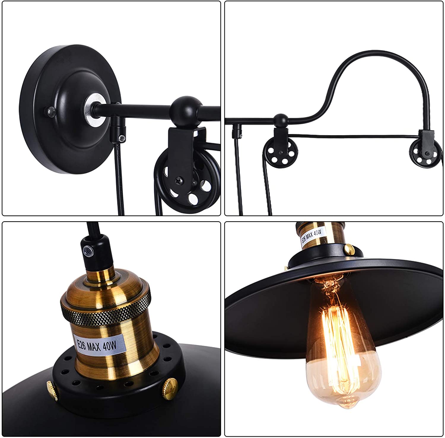 Pulley gooseneck industrial wall light fixture black adjustable wall mounted sconce
