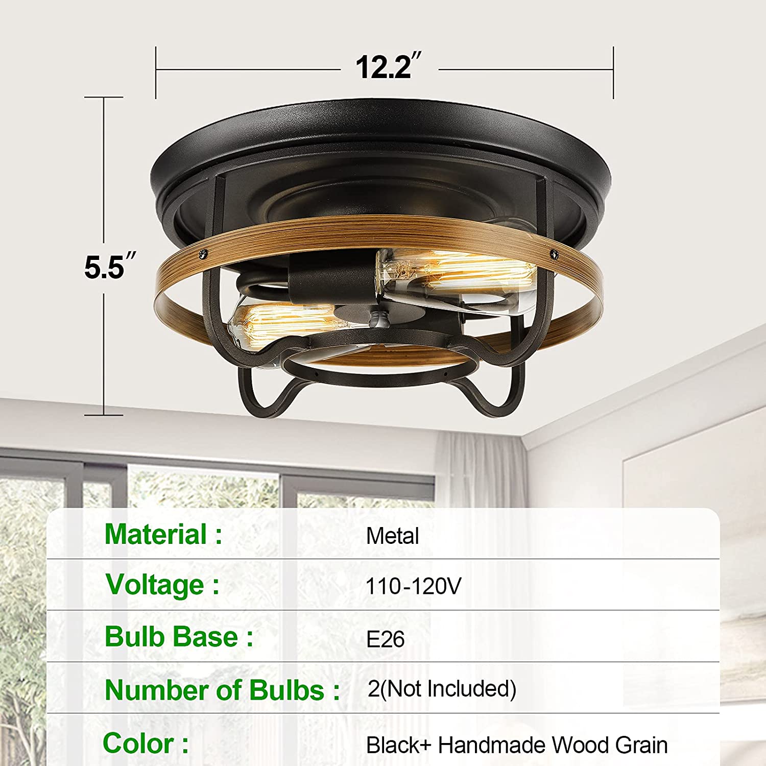 2 light industrial flush mount light fixture farmhouse gold ceiling lamp