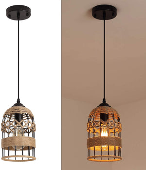 Black mini pendant lighting fixture rustic cage hemp rope pendant light fixture