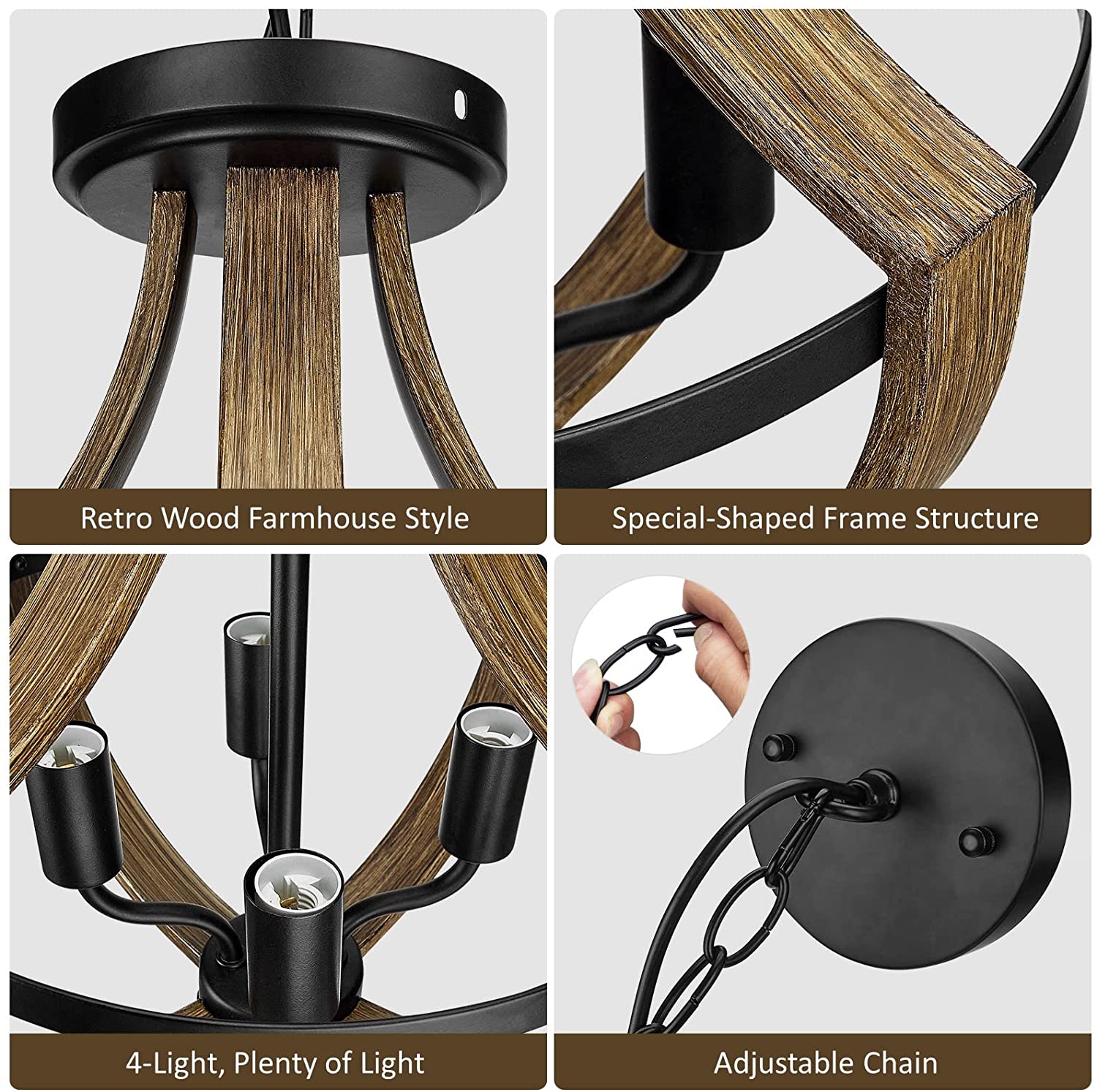 Farmhouse chandelier lighting with retro wood texture 4 light vintage pendant lighting