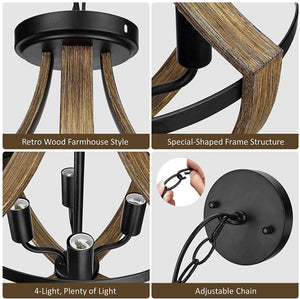 Farmhouse chandelier lighting with retro wood texture 4 light vintage pendant lighting