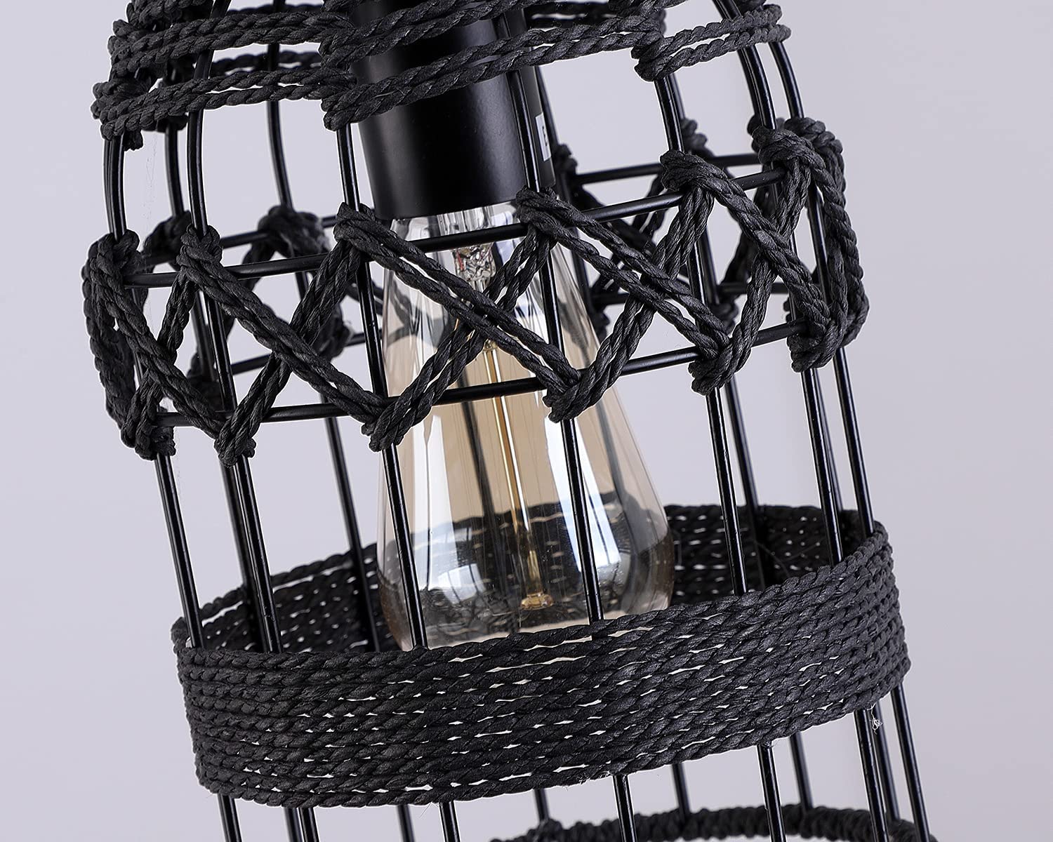 Black industrial pendant light woven cage hemp rope lighting rope
