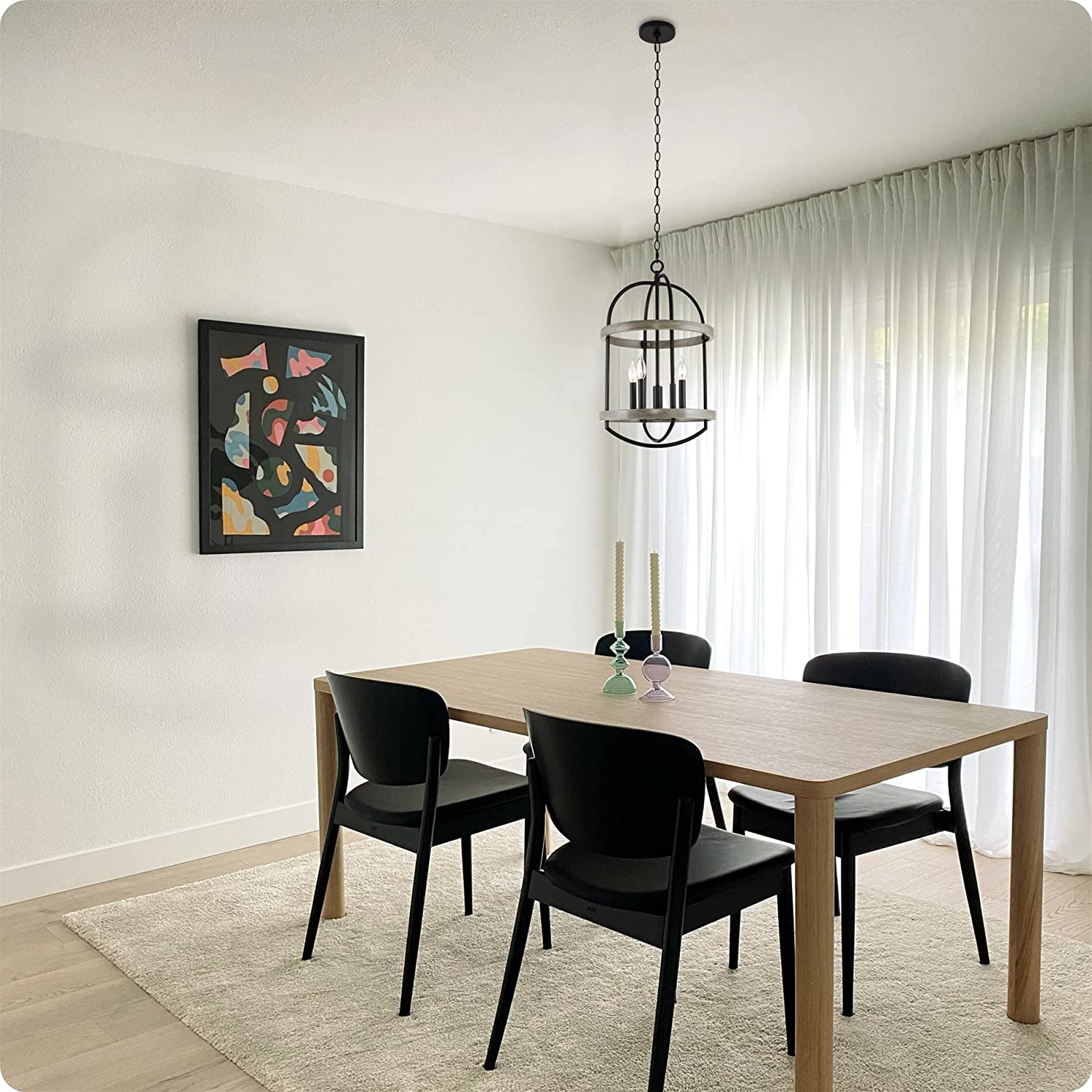 4 light lantern pendant light adjustable chandelier with wood style and black finish