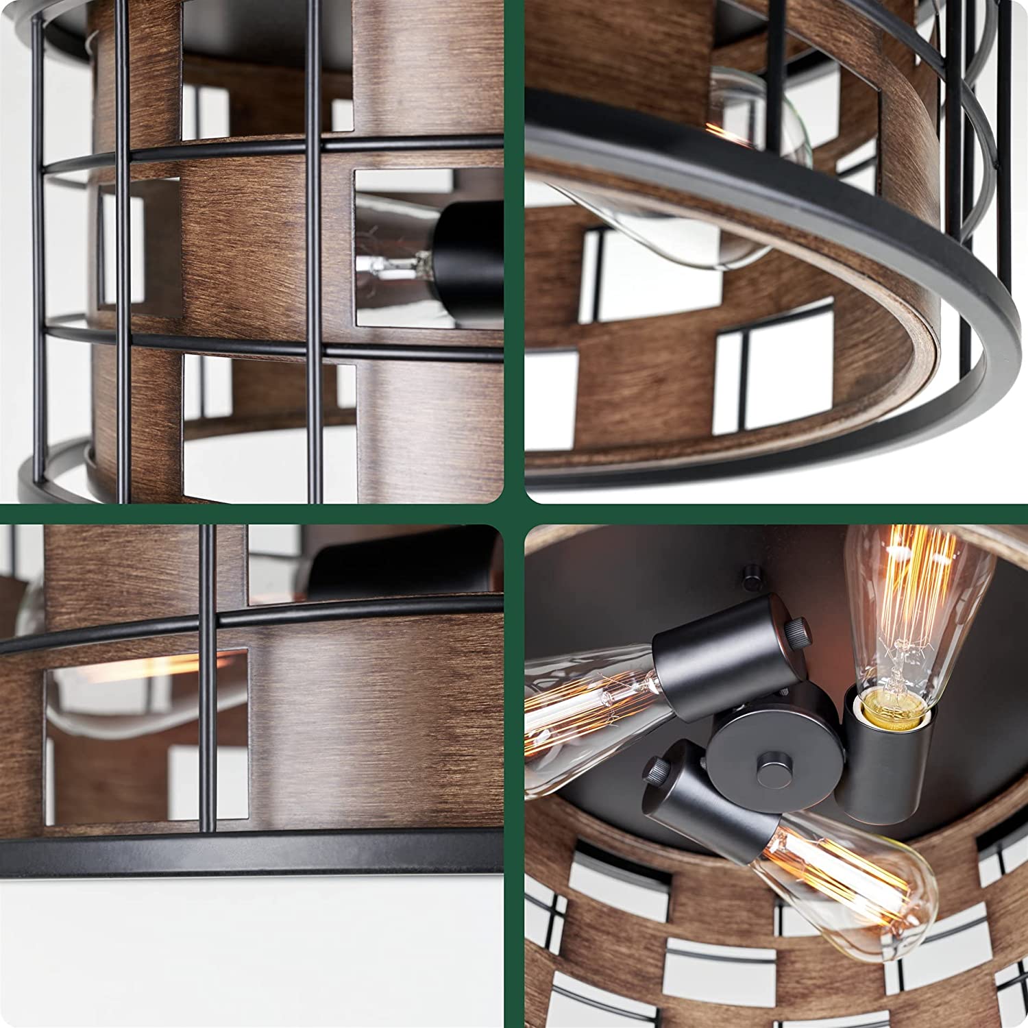 3 light vintage home flush mount fixture black frame ceiling light with wood style finish