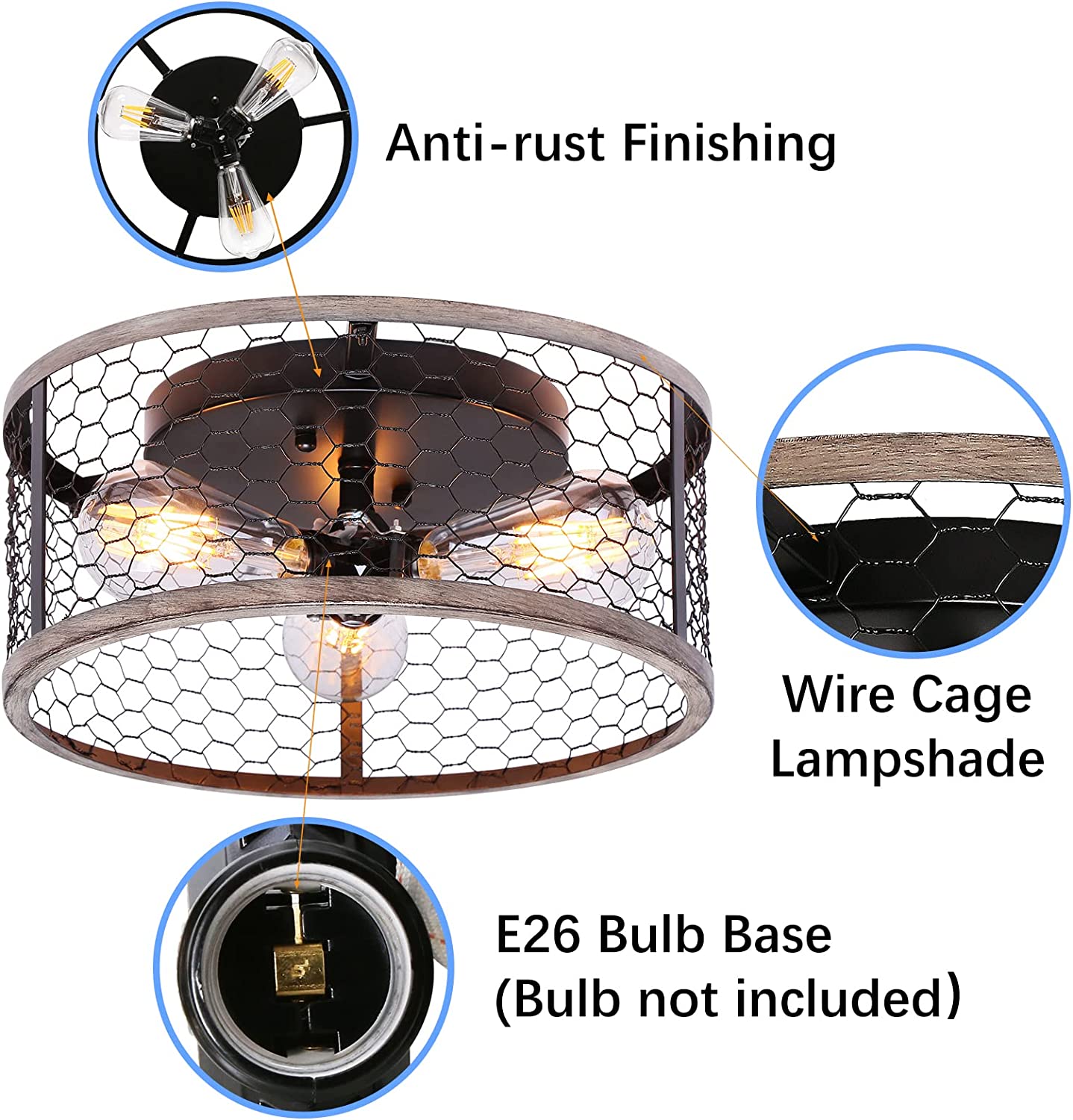3 light rust ceiling light fixture industrial cage semi flush mount ceiling lamp farmhouse lighting