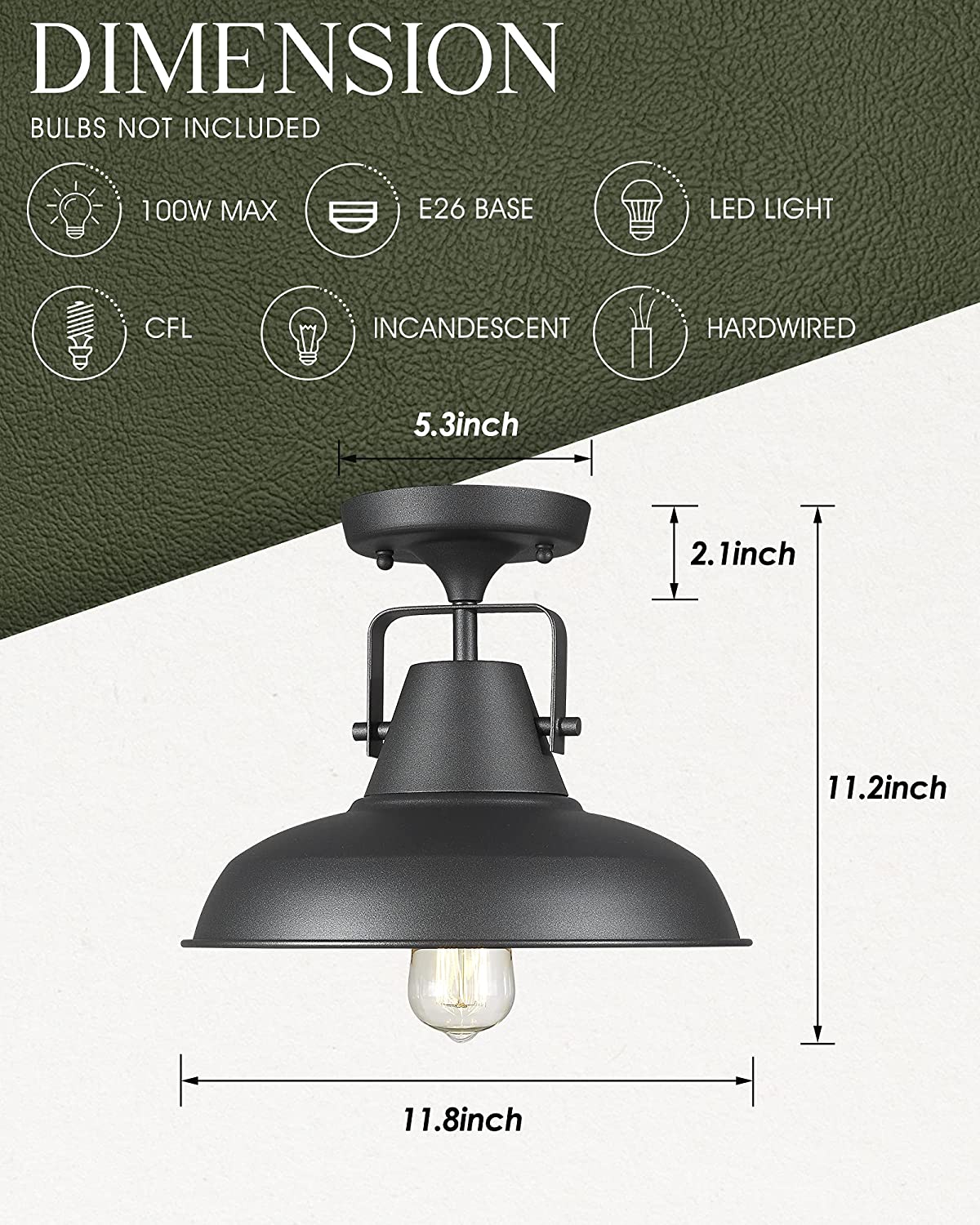 Industrial semi flush mount light fixture farmhouse black close to ceiling lighting