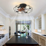 Black cage flush mount ceiling light with fan and remote control 5 light ceiling light fixture