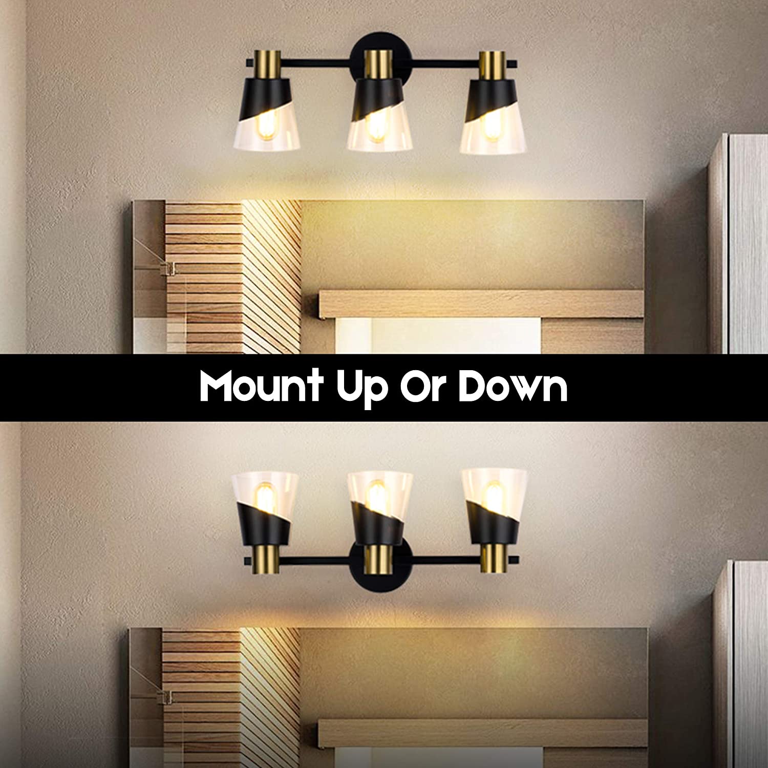 3 Lights vanity wall lightfixture black and gold Glass wall lighting