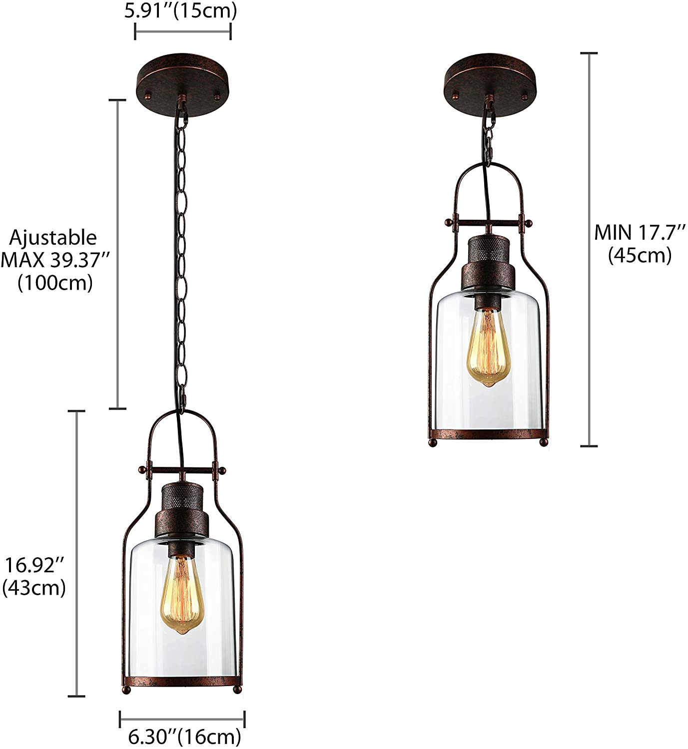 Vintage industrial glass cylinder pendant fixture, copper hanging lamp light