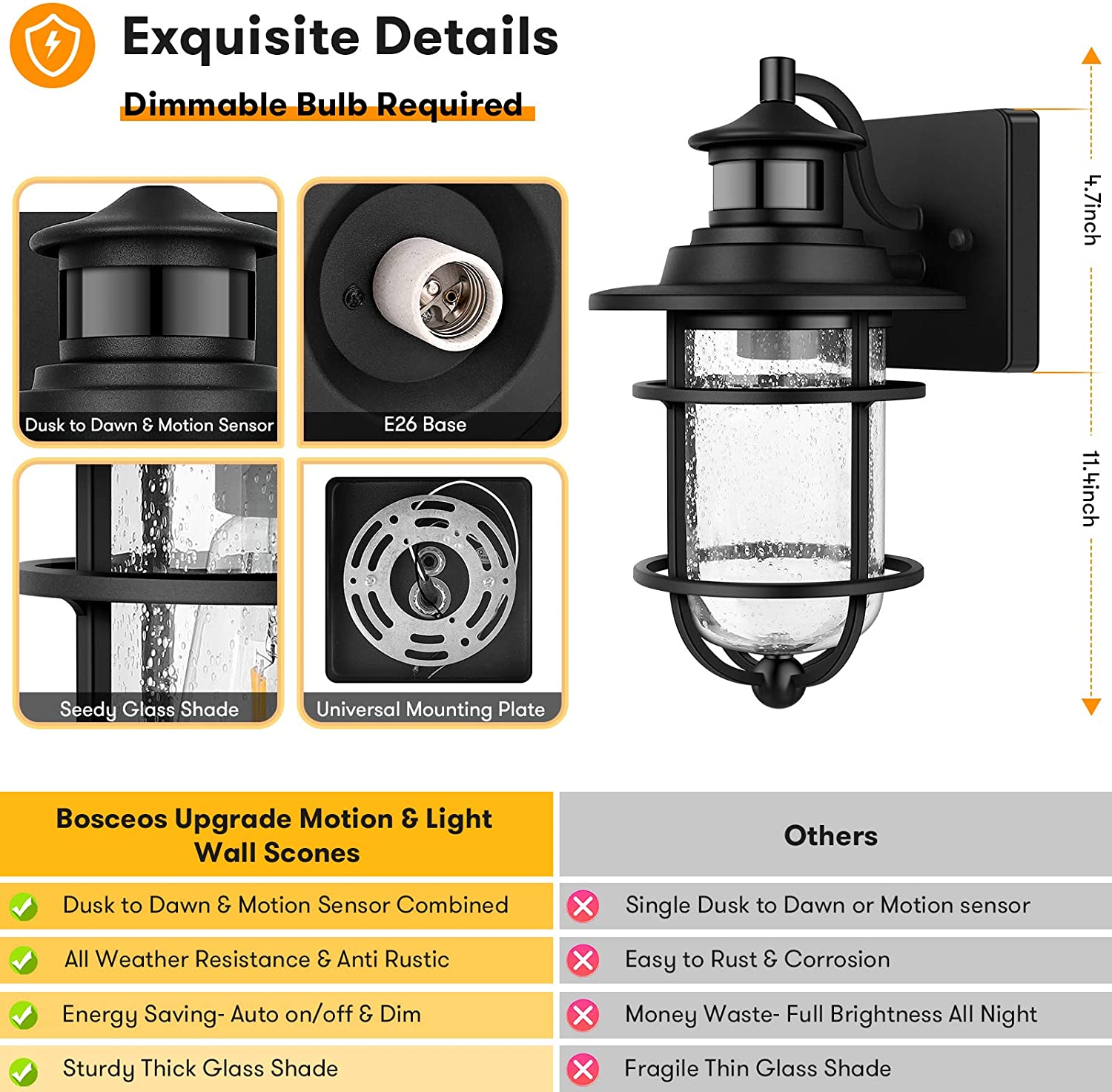 Black outdoor sensor light motion sensor detection outdoor lights with seeded glass shade