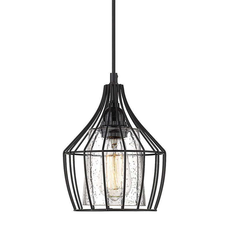Seeded glass pendant light fixture black cage pendant lamp