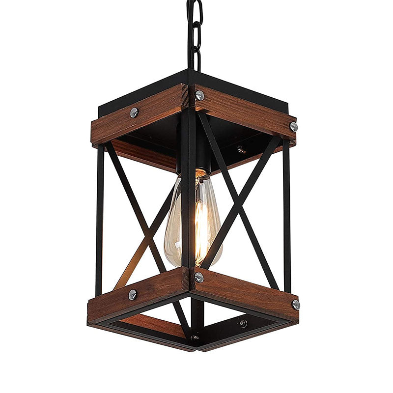 Farmhouse square wood pendant lighting for kitchen island black cage pendant light